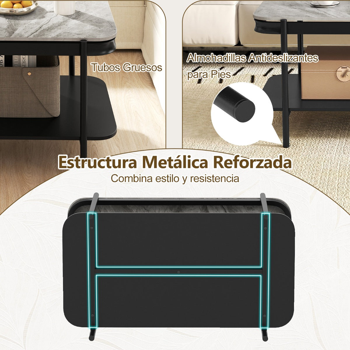 Mesa de Café Moderna Rectangular 2 Níveis Topo Sinterizado Estrutura Metálica Cinzenta — foto 8