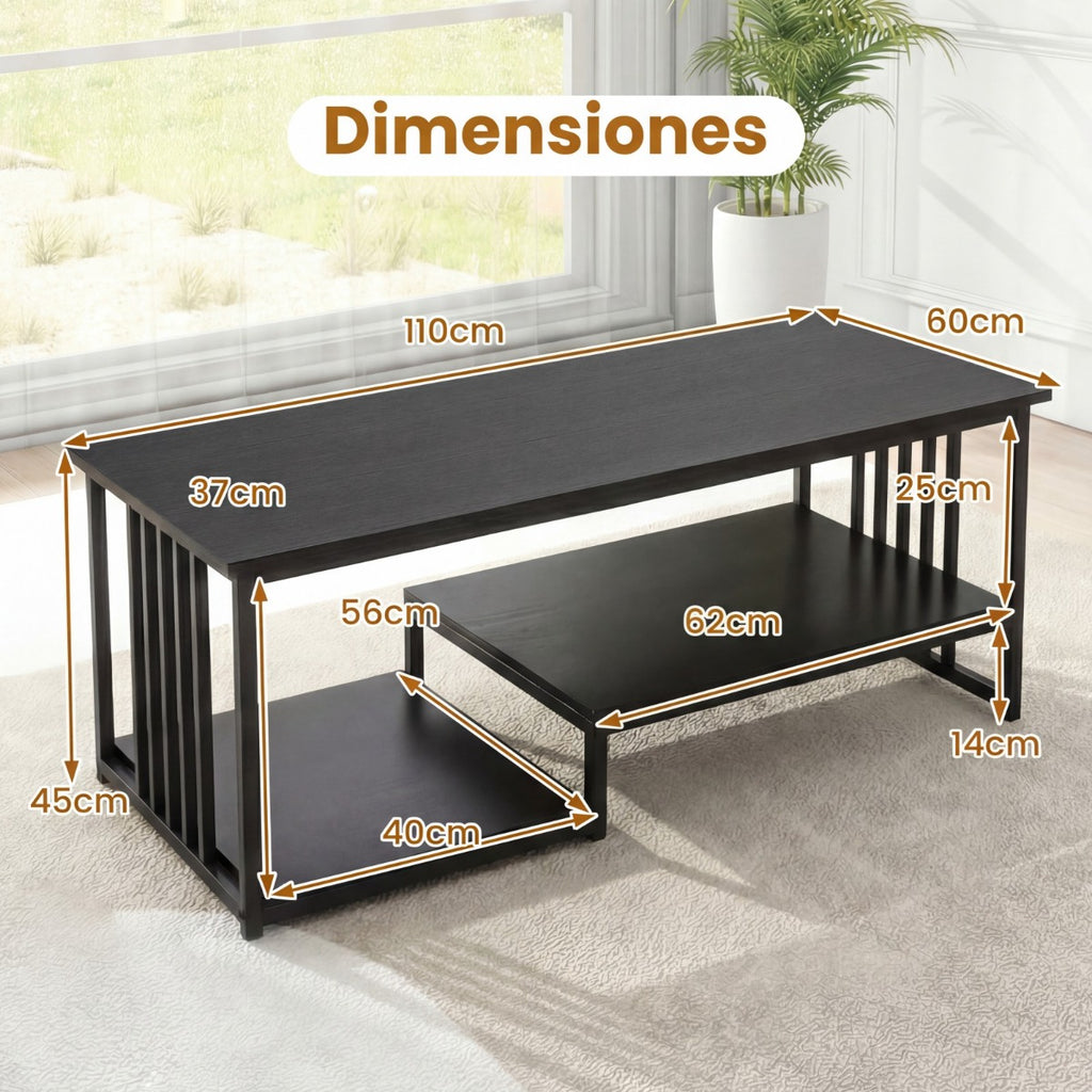 Mesa de Café Rectangular 110cm com 2 Estantes Preto Estrutura Metálica — foto 3