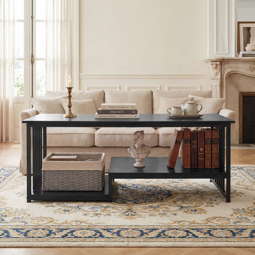 Mesa de Café Rectangular 110cm com 2 Estantes Preto Estrutura Metálica — foto 4