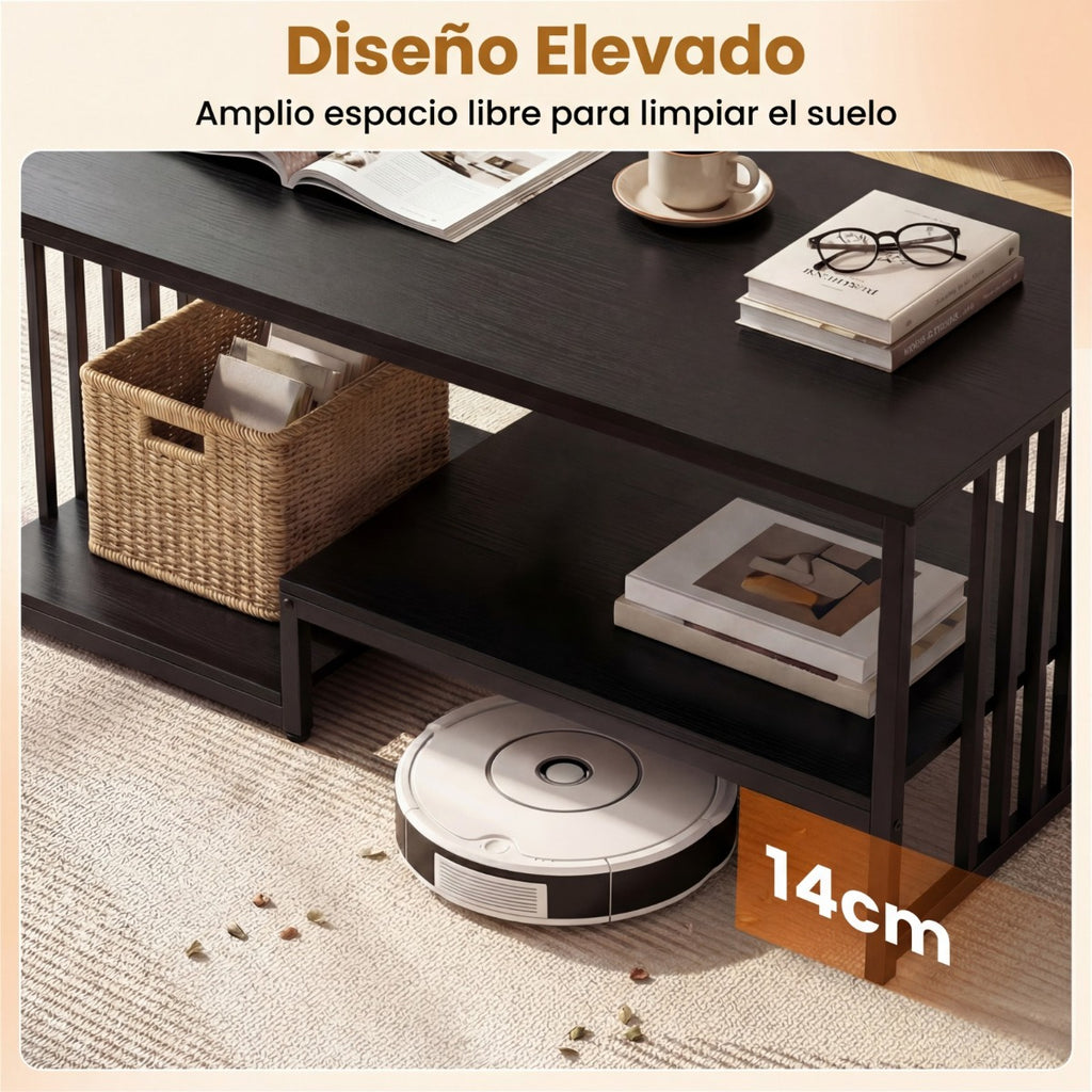 Mesa de Café Rectangular 110cm com 2 Estantes Preto Estrutura Metálica — foto 9