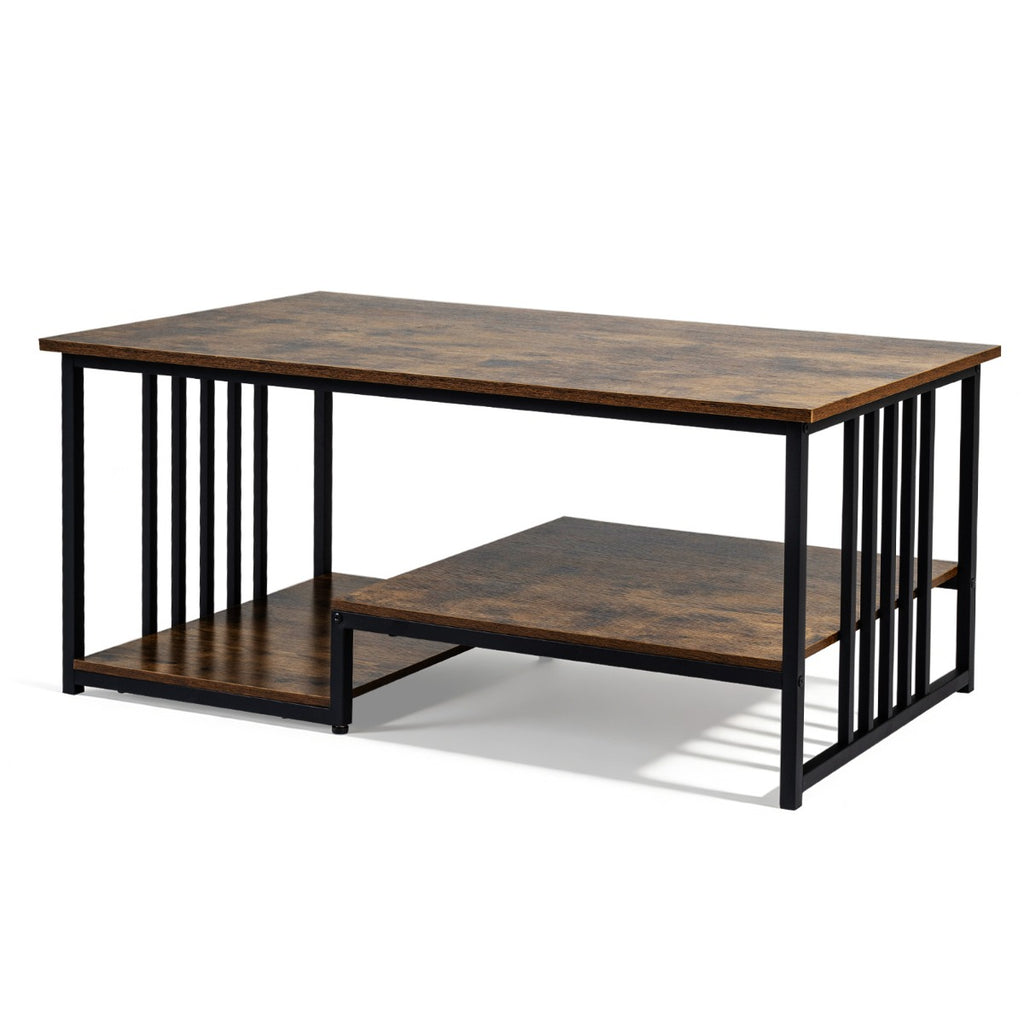 Mesa de Café Rectangular com 2 Estantes Marrão Rústico - Estrutura Metálica — foto 2
