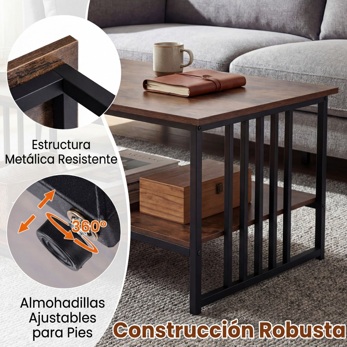 Mesa de Café Rectangular com 2 Estantes Marrão Rústico - Estrutura Metálica — foto 7