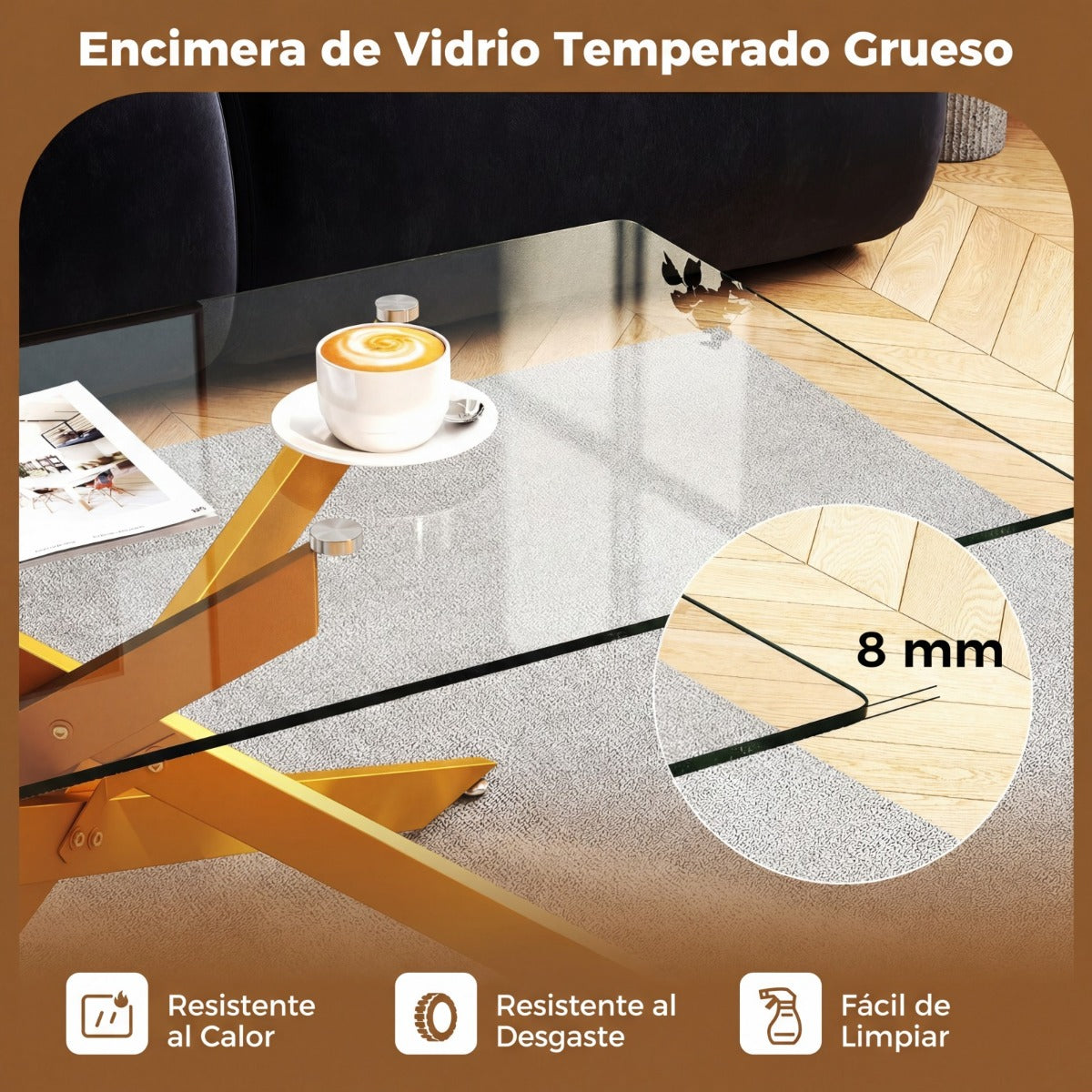 Mesa de Café Rectangular Cristal Temperado e Patas Tubulares Ouro 120x60cm — foto 7