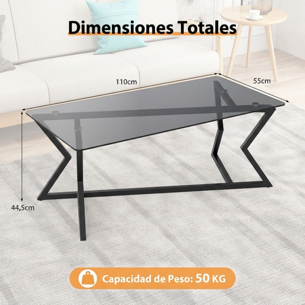 Mesa de Café Rectangular Vidro Temperado e Estrutura Metálica Geométrica Cinza Escuro — foto 3