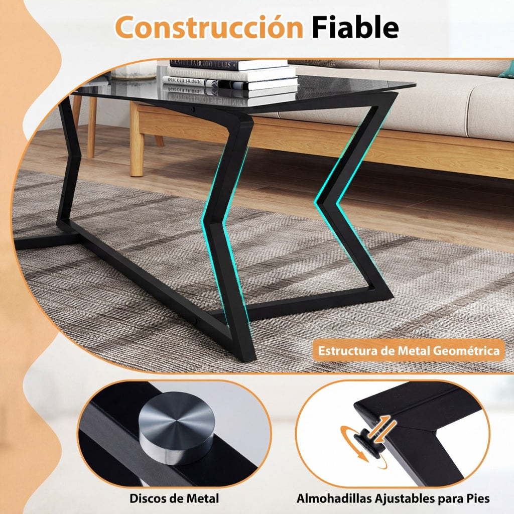 Mesa de Café Rectangular Vidro Temperado e Estrutura Metálica Geométrica Cinza Escuro — foto 7
