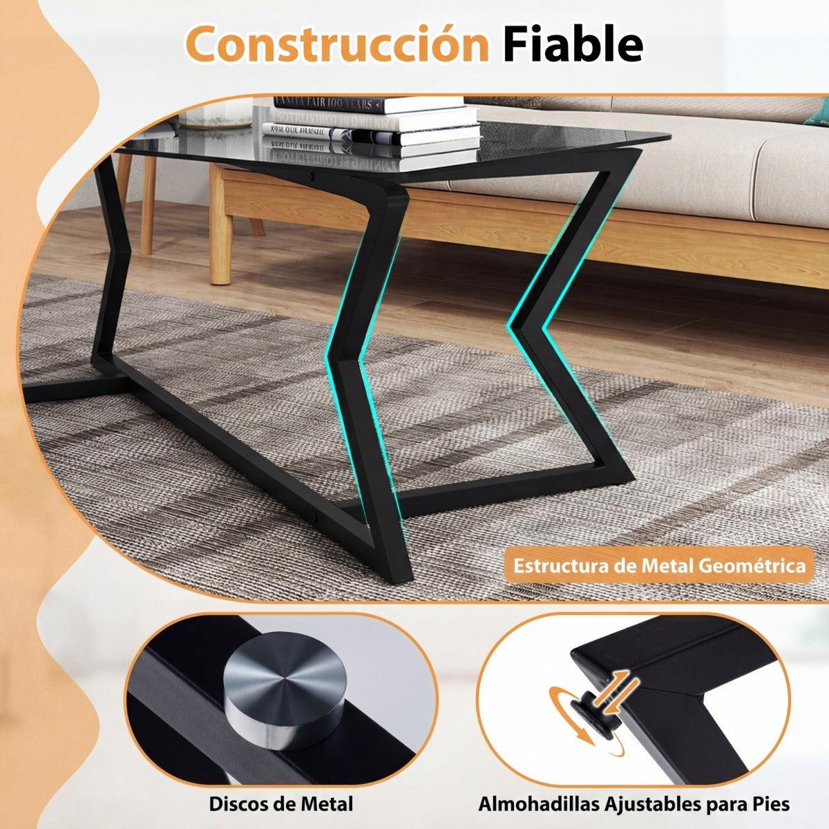 Mesa de Café Rectangular Vidro Temperado e Estrutura Metálica Geométrica Cinza Escuro — foto 7