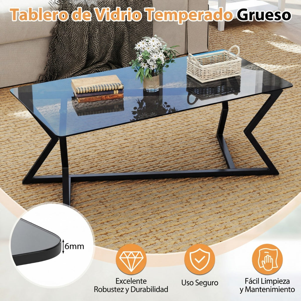 Mesa de Café Rectangular Vidro Temperado e Estrutura Metálica Geométrica Cinza Escuro — foto 8