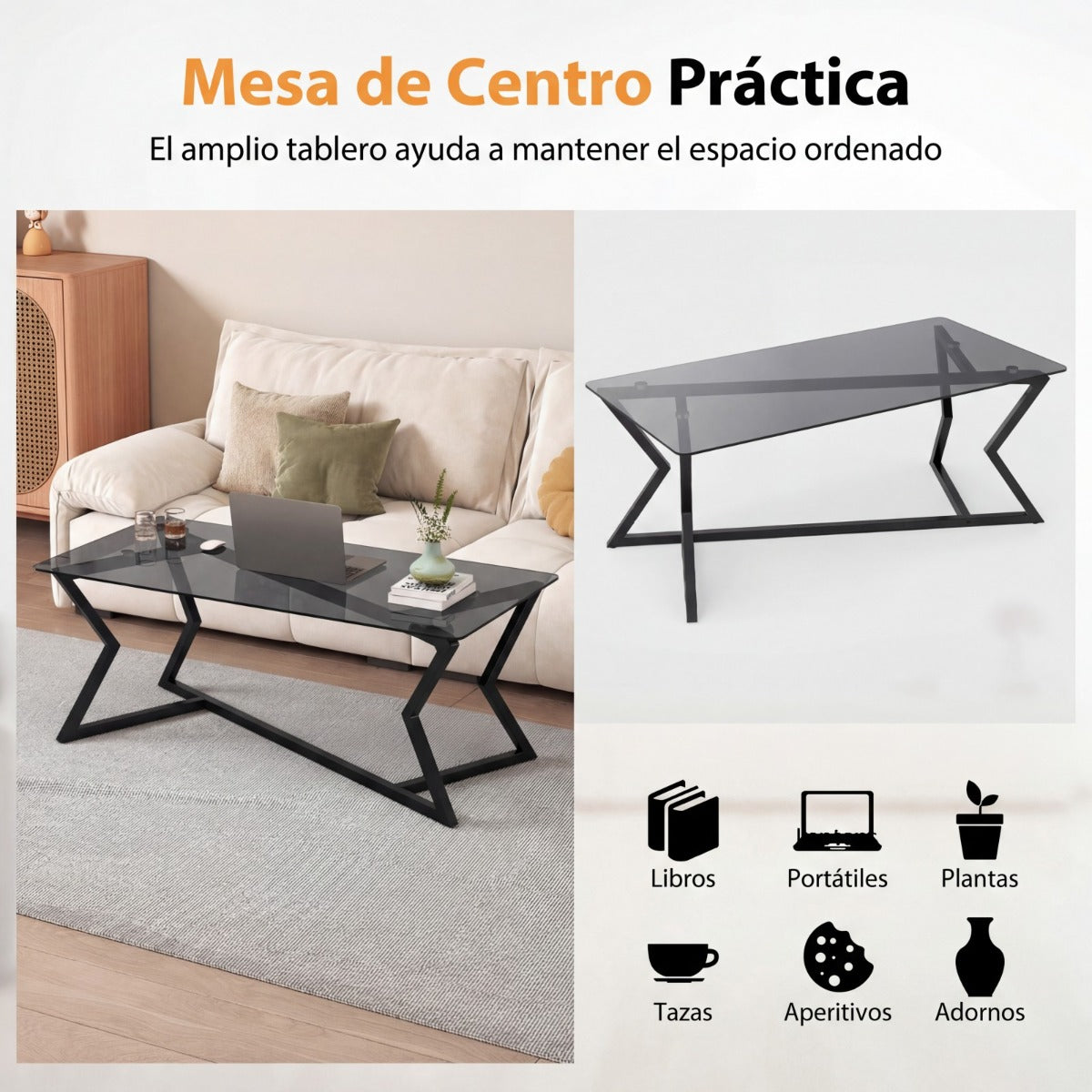 Mesa de Café Rectangular Vidro Temperado e Estrutura Metálica Geométrica Cinza Escuro — foto 9