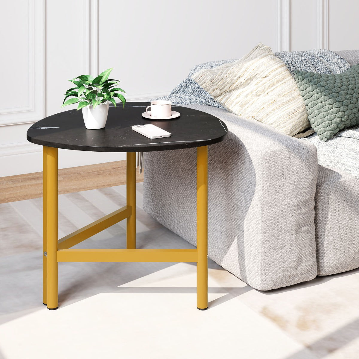 Mesa de Café Triangular Ovalada Madeira e Metal Industrial Preto — foto 4