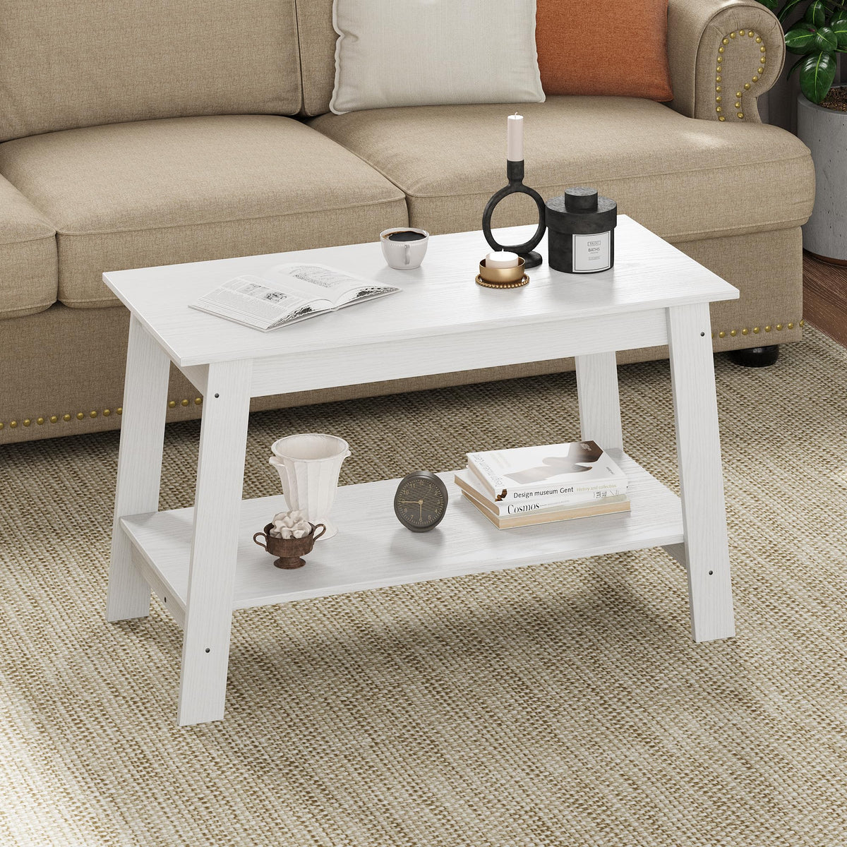 Mesa de centro com prateleira aberta 2 níveis, estilo rústico industrial farmhouse, MDF e PB, 60 kg, 80 x 39 x 48 cm, sala/escritório, branco — foto 2