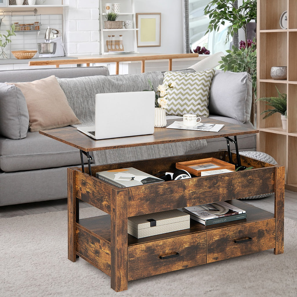 Mesa de Centro com Tampo Elevatório e Compartimento de Armazenamento 2 Gavetas Sistema Pneumático 106x74x61cm Castanho — foto 1