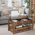 Mesa de Centro com Tampo Elevatório e Compartimento de Armazenamento 2 Gavetas Sistema Pneumático 106x74x61cm Castanho — foto 1