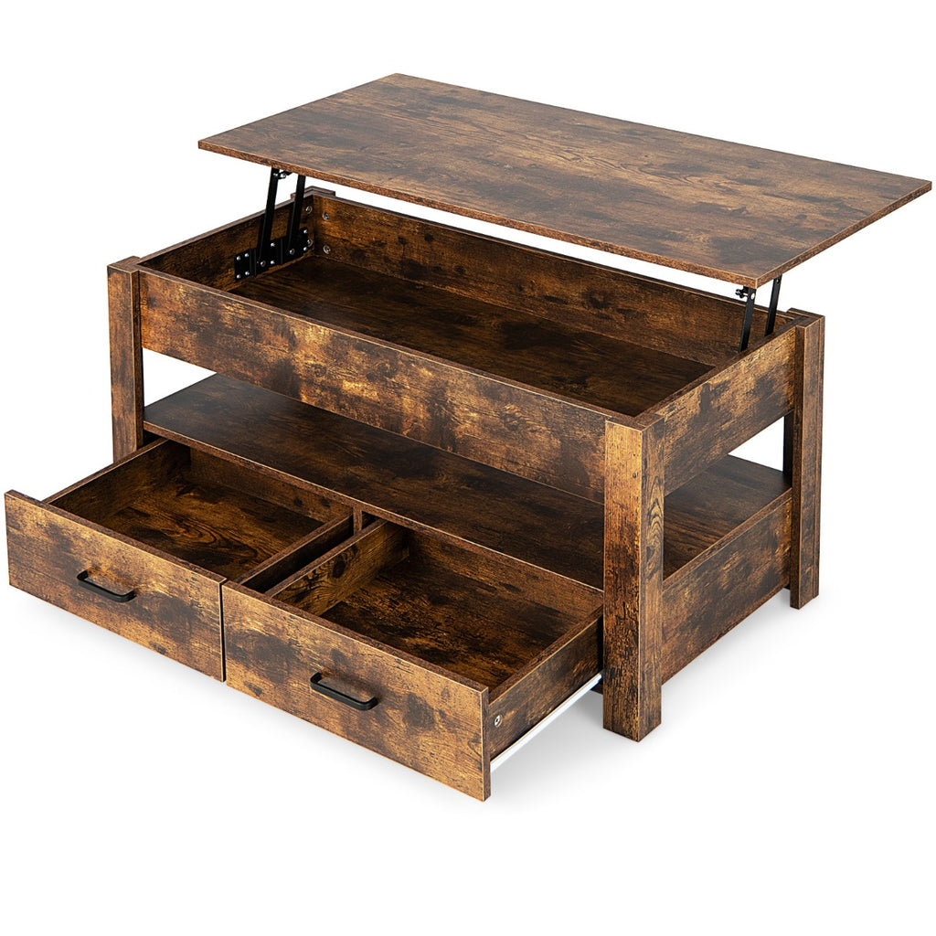 Mesa de Centro com Tampo Elevatório e Compartimento de Armazenamento 2 Gavetas Sistema Pneumático 106x74x61cm Castanho — foto 2
