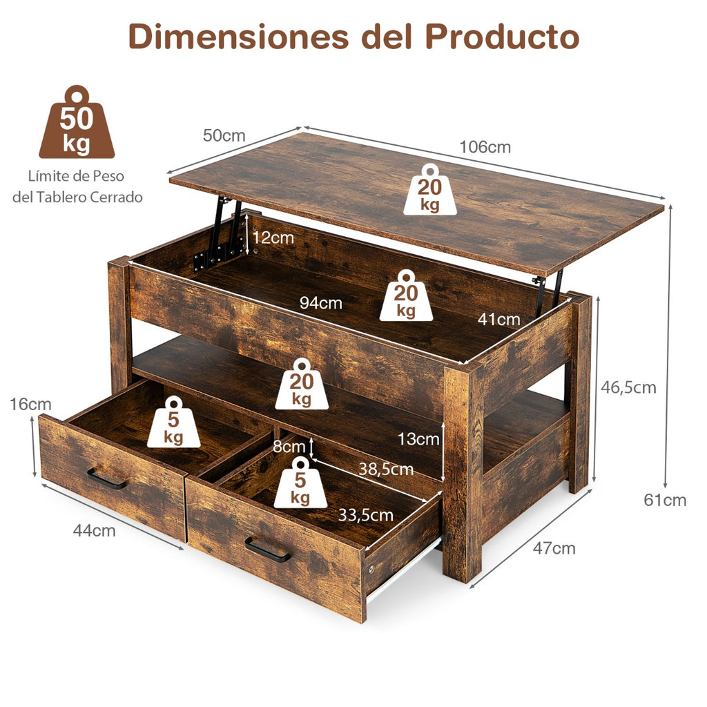 Mesa de Centro com Tampo Elevatório e Compartimento de Armazenamento 2 Gavetas Sistema Pneumático 106x74x61cm Castanho — foto 3