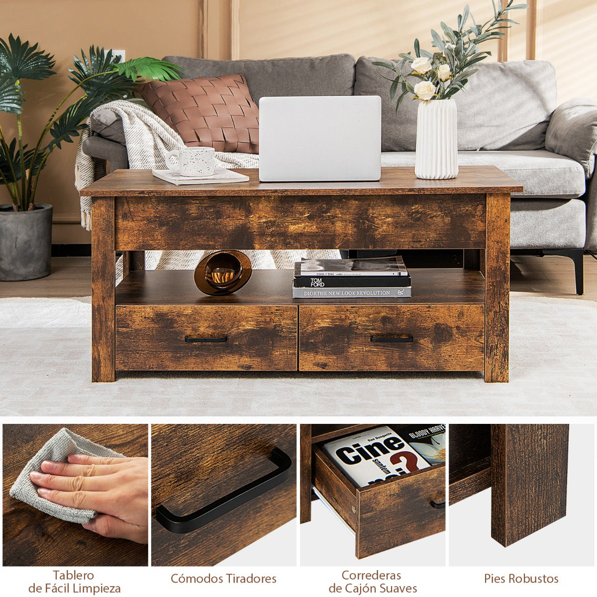 Mesa de Centro com Tampo Elevatório e Compartimento de Armazenamento 2 Gavetas Sistema Pneumático 106x74x61cm Castanho — foto 5