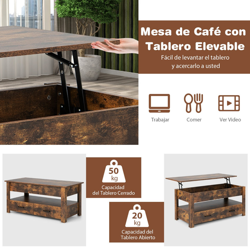 Mesa de Centro com Tampo Elevatório e Compartimento de Armazenamento 2 Gavetas Sistema Pneumático 106x74x61cm Castanho — foto 6
