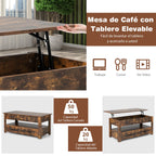 Mesa de Centro com Tampo Elevatório e Compartimento de Armazenamento 2 Gavetas Sistema Pneumático 106x74x61cm Castanho — foto 6