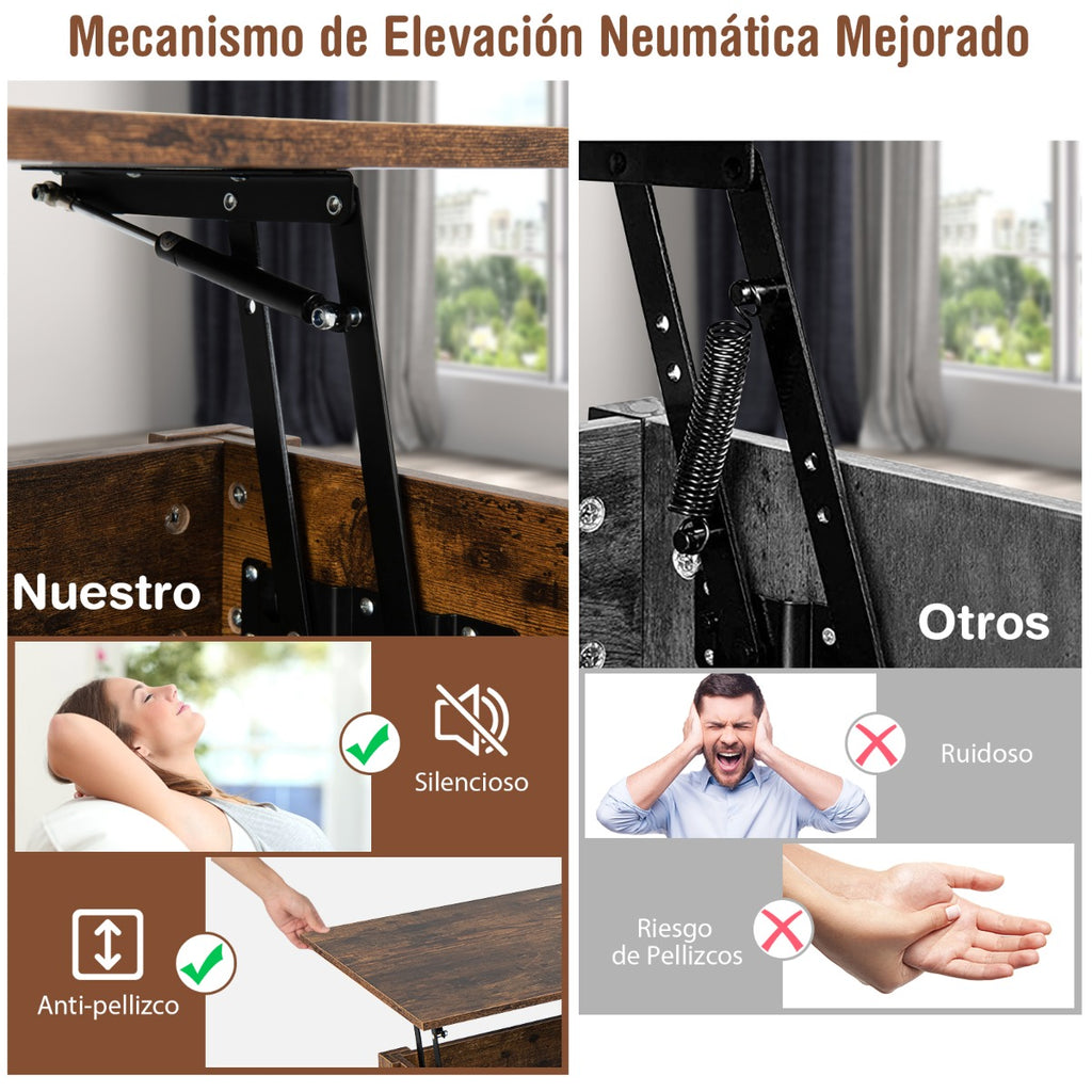 Mesa de Centro com Tampo Elevatório e Compartimento de Armazenamento 2 Gavetas Sistema Pneumático 106x74x61cm Castanho — foto 7