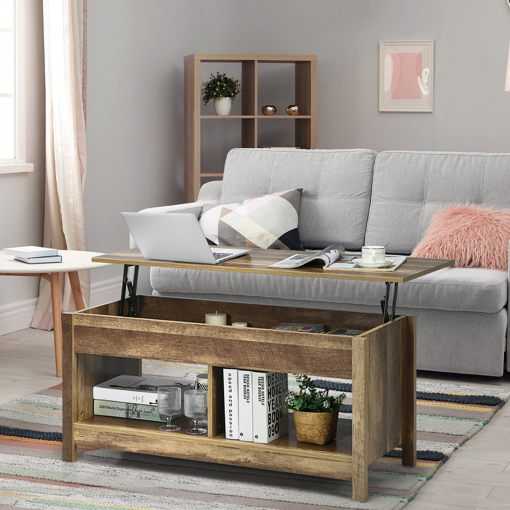 Mesa de centro com tampo elevatório multifuncional com compartimentos ocultos e prateleiras divididas 109 x 47,5 x 50 cm em madeira — foto 1