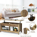 Mesa de centro com tampo elevatório multifuncional com compartimentos ocultos e prateleiras divididas 109 x 47,5 x 50 cm em madeira — foto 10