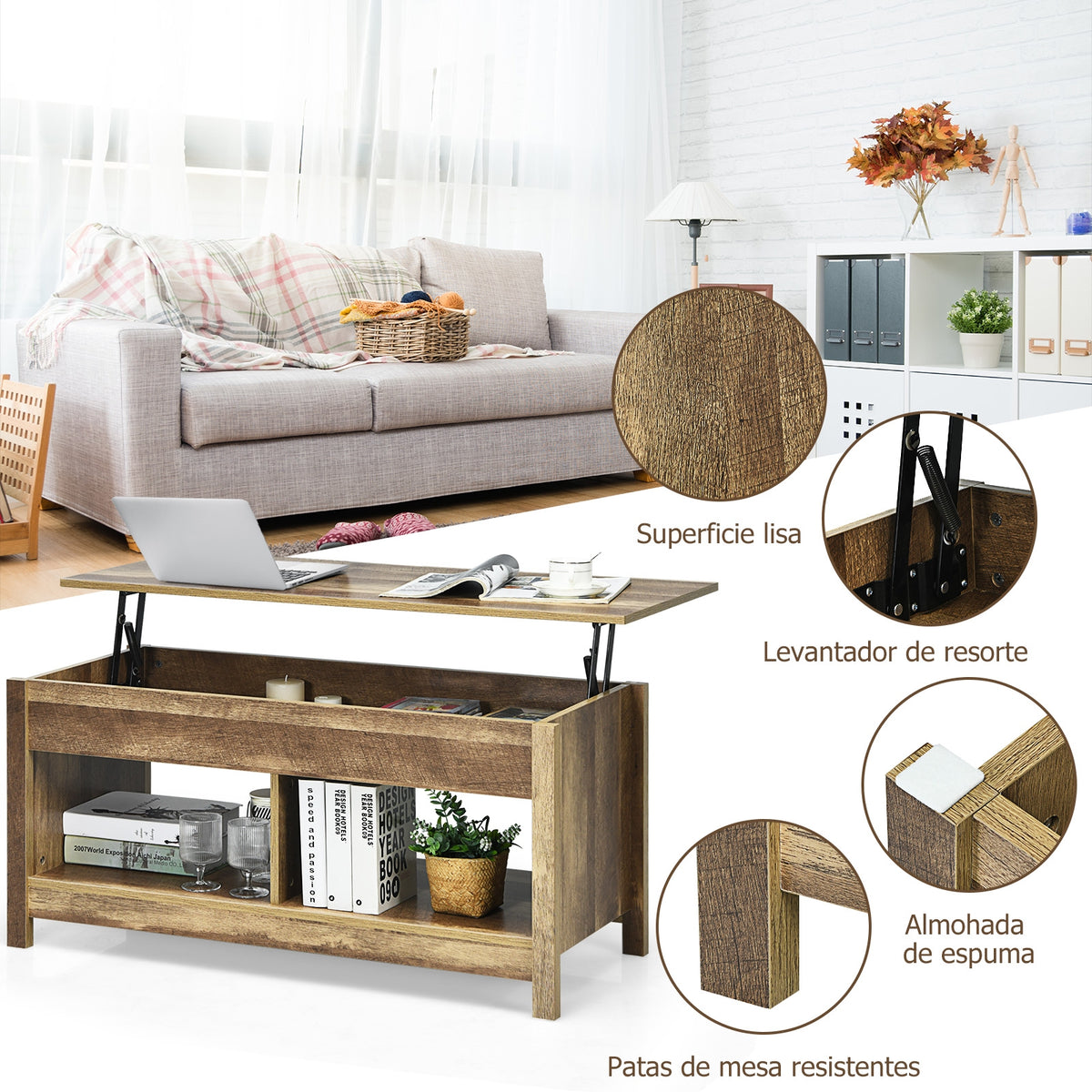 Mesa de centro com tampo elevatório multifuncional com compartimentos ocultos e prateleiras divididas 109 x 47,5 x 50 cm em madeira — foto 10