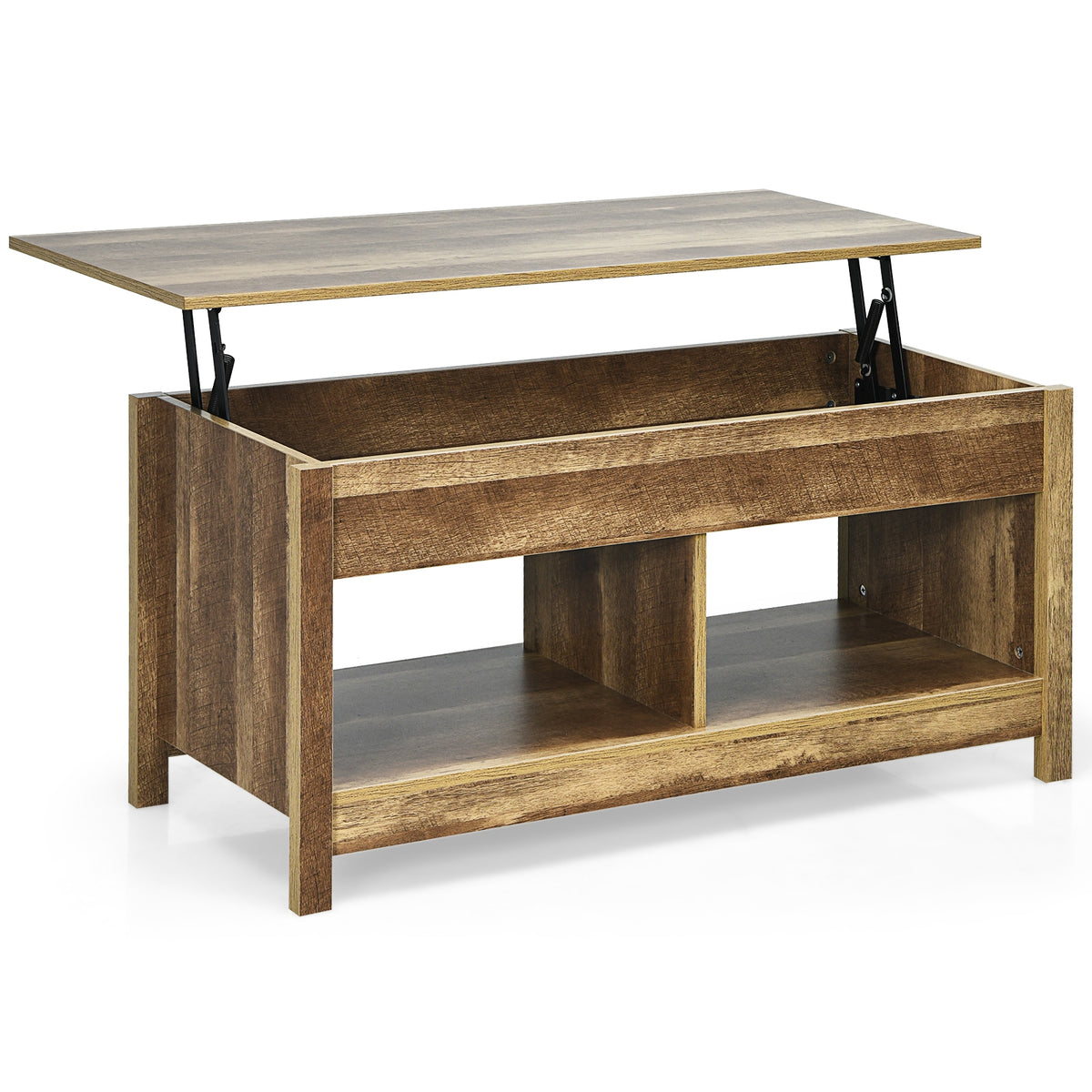 Mesa de centro com tampo elevatório multifuncional com compartimentos ocultos e prateleiras divididas 109 x 47,5 x 50 cm em madeira — foto 2