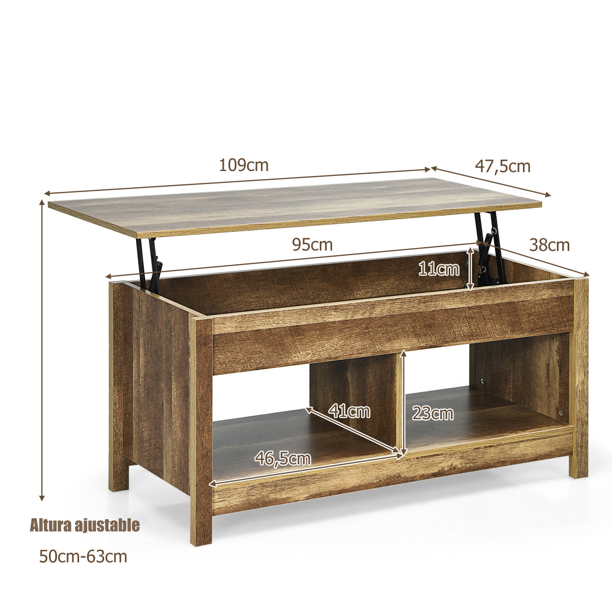Mesa de centro com tampo elevatório multifuncional com compartimentos ocultos e prateleiras divididas 109 x 47,5 x 50 cm em madeira — foto 3