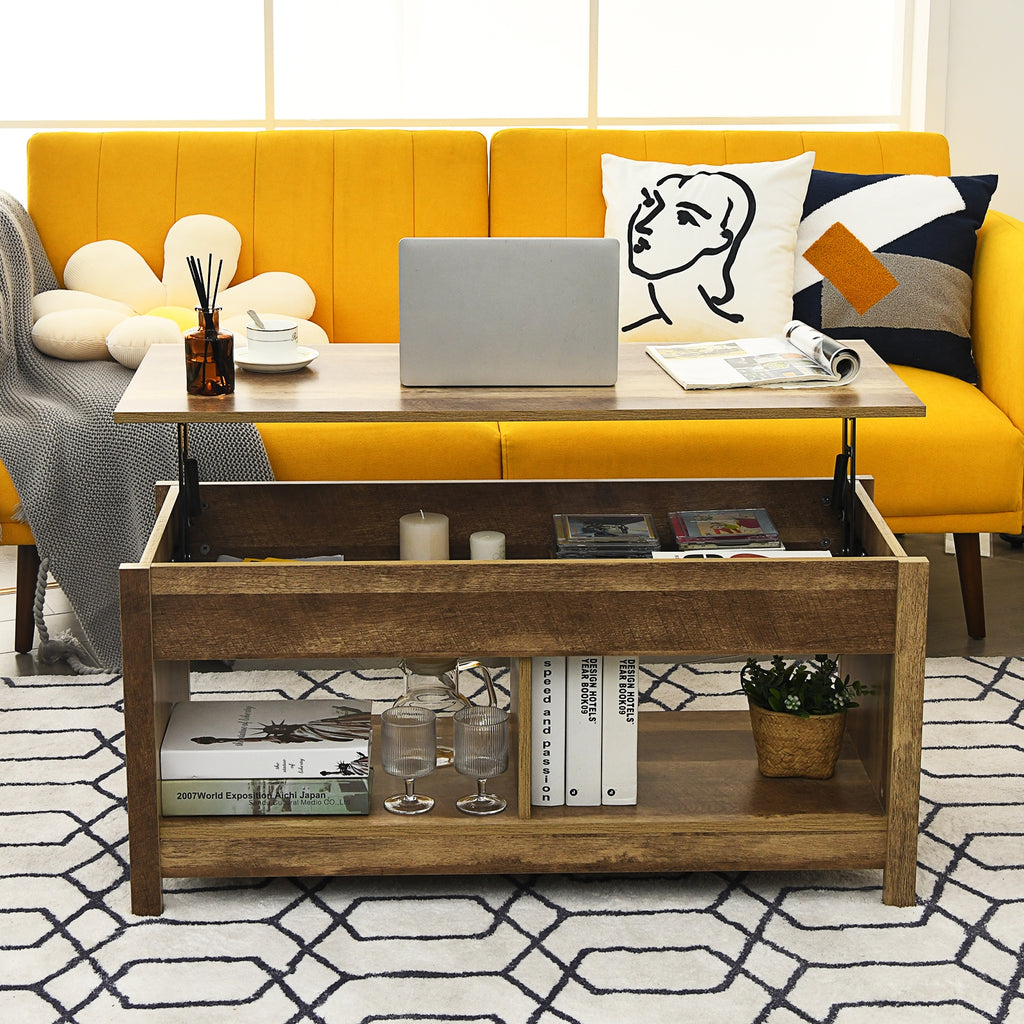 Mesa de centro com tampo elevatório multifuncional com compartimentos ocultos e prateleiras divididas 109 x 47,5 x 50 cm em madeira — foto 5