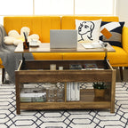 Mesa de centro com tampo elevatório multifuncional com compartimentos ocultos e prateleiras divididas 109 x 47,5 x 50 cm em madeira — foto 5