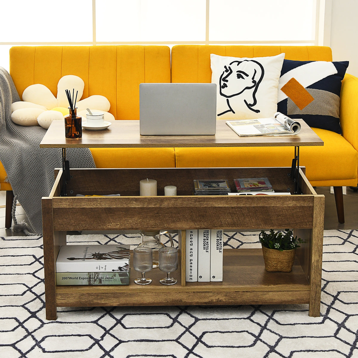 Mesa de centro com tampo elevatório multifuncional com compartimentos ocultos e prateleiras divididas 109 x 47,5 x 50 cm em madeira — foto 5