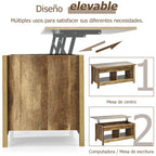 Mesa de centro com tampo elevatório multifuncional com compartimentos ocultos e prateleiras divididas 109 x 47,5 x 50 cm em madeira — foto 7