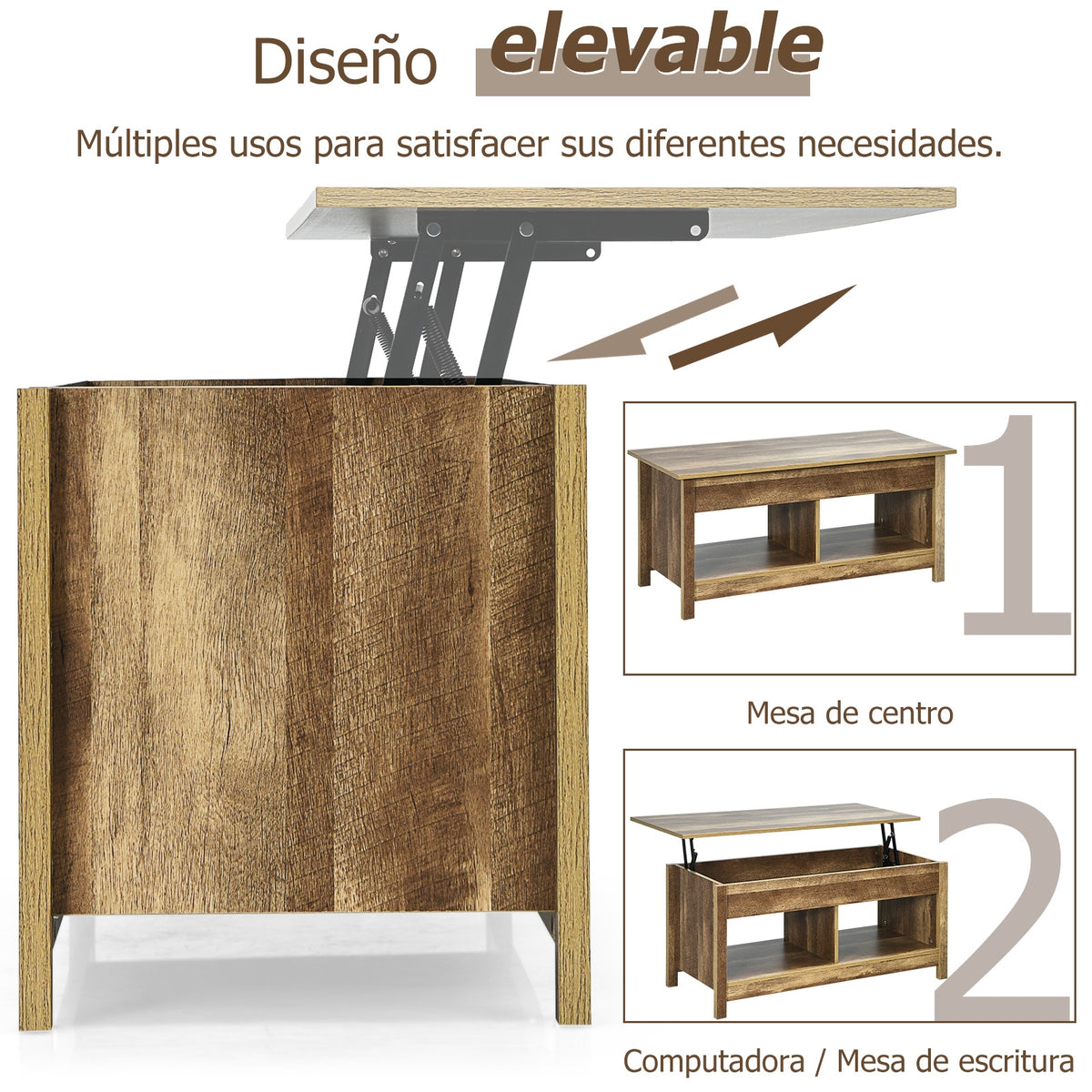 Mesa de centro com tampo elevatório multifuncional com compartimentos ocultos e prateleiras divididas 109 x 47,5 x 50 cm em madeira — foto 7