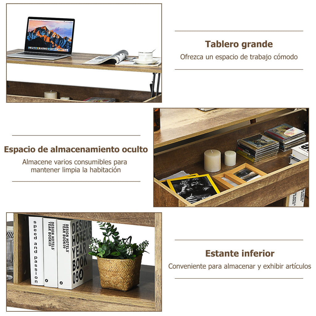 Mesa de centro com tampo elevatório multifuncional com compartimentos ocultos e prateleiras divididas 109 x 47,5 x 50 cm em madeira — foto 8