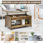 Mesa de centro com tampo elevatório multifuncional com compartimentos ocultos e prateleiras divididas 109 x 47,5 x 50 cm em madeira — foto 9