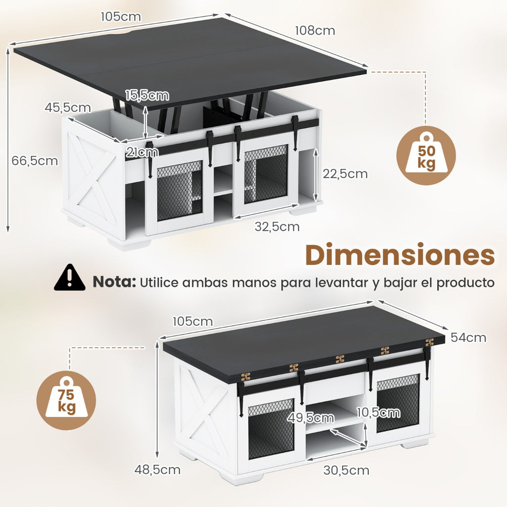 Mesa de Centro com Tapa Elevável Estilo Rústico 2 Portas Corredeiras 3 Compartimentos — foto 3