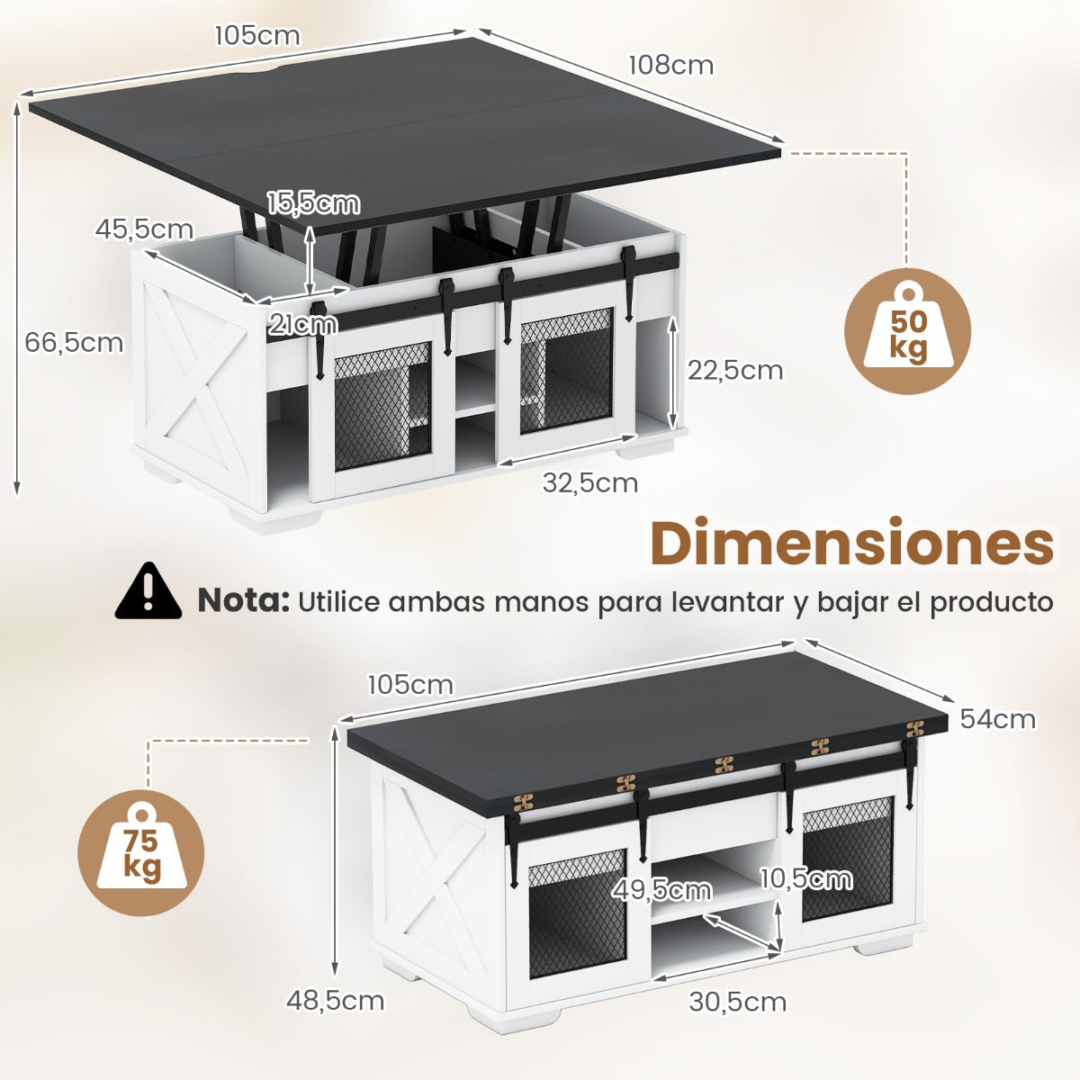Mesa de Centro com Tapa Elevável Estilo Rústico 2 Portas Corredeiras 3 Compartimentos — foto 3
