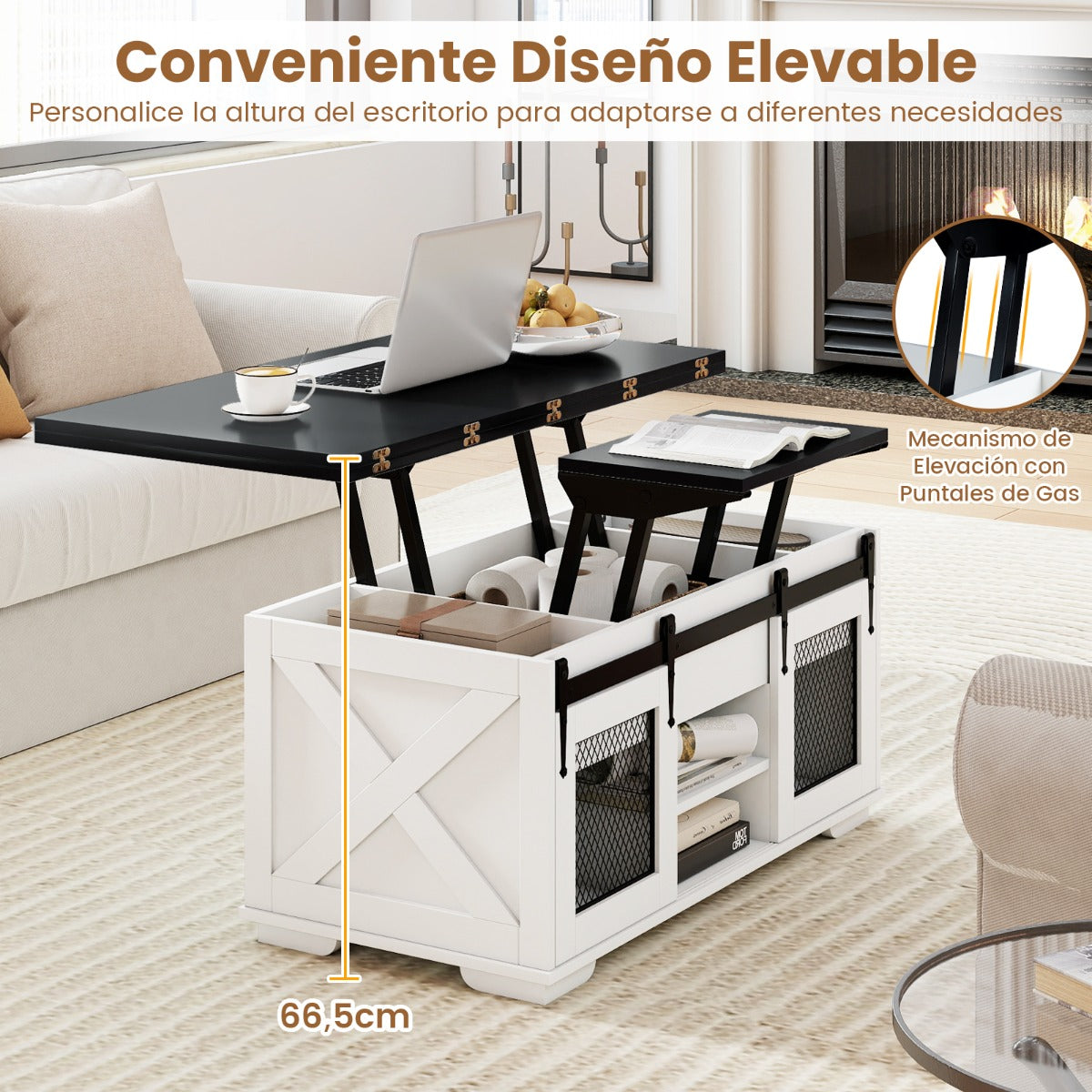 Mesa de Centro com Tapa Elevável Estilo Rústico 2 Portas Corredeiras 3 Compartimentos — foto 6