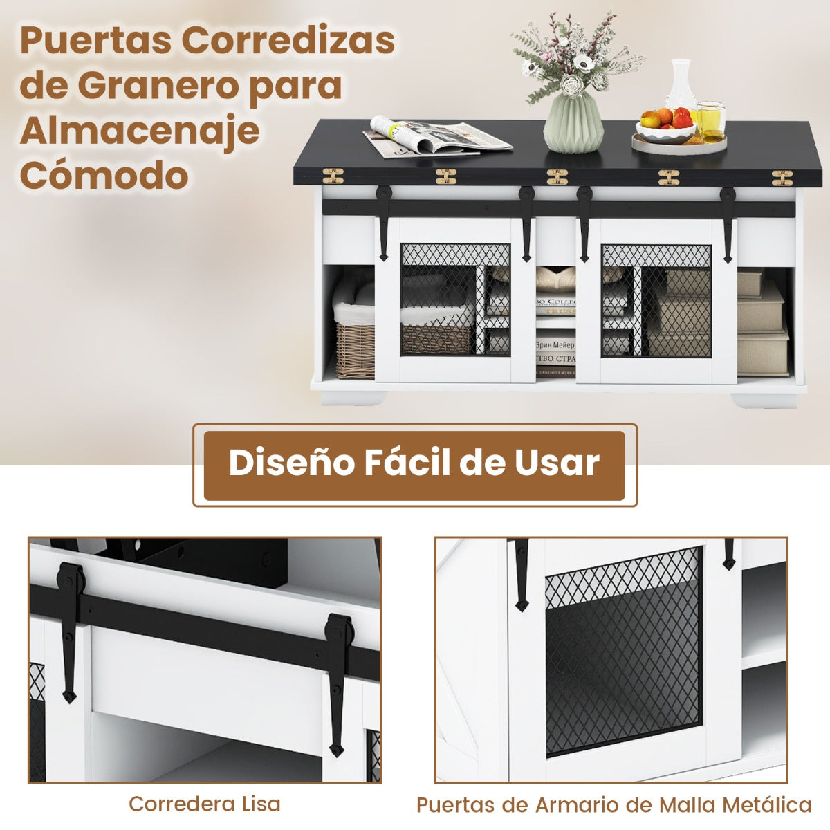 Mesa de Centro com Tapa Elevável Estilo Rústico 2 Portas Corredeiras 3 Compartimentos — foto 8