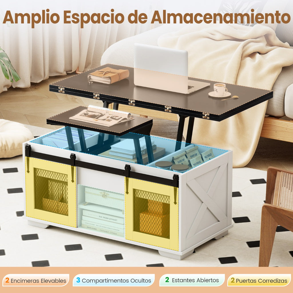 Mesa de Centro com Tapa Elevável Estilo Rústico 2 Portas Corredeiras 3 Compartimentos — foto 9