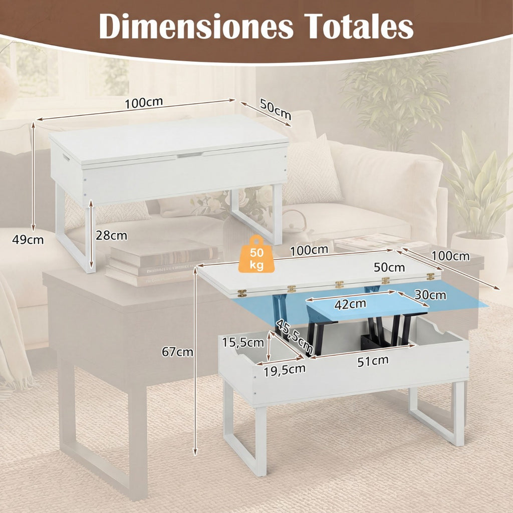 Mesa de Centro Conversível 3 em 1 com Tampo Elevável e 3 Compartimentos Ocultos Branca — foto 3