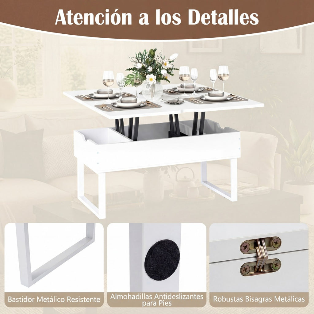 Mesa de Centro Conversível 3 em 1 com Tampo Elevável e 3 Compartimentos Ocultos Branca — foto 7