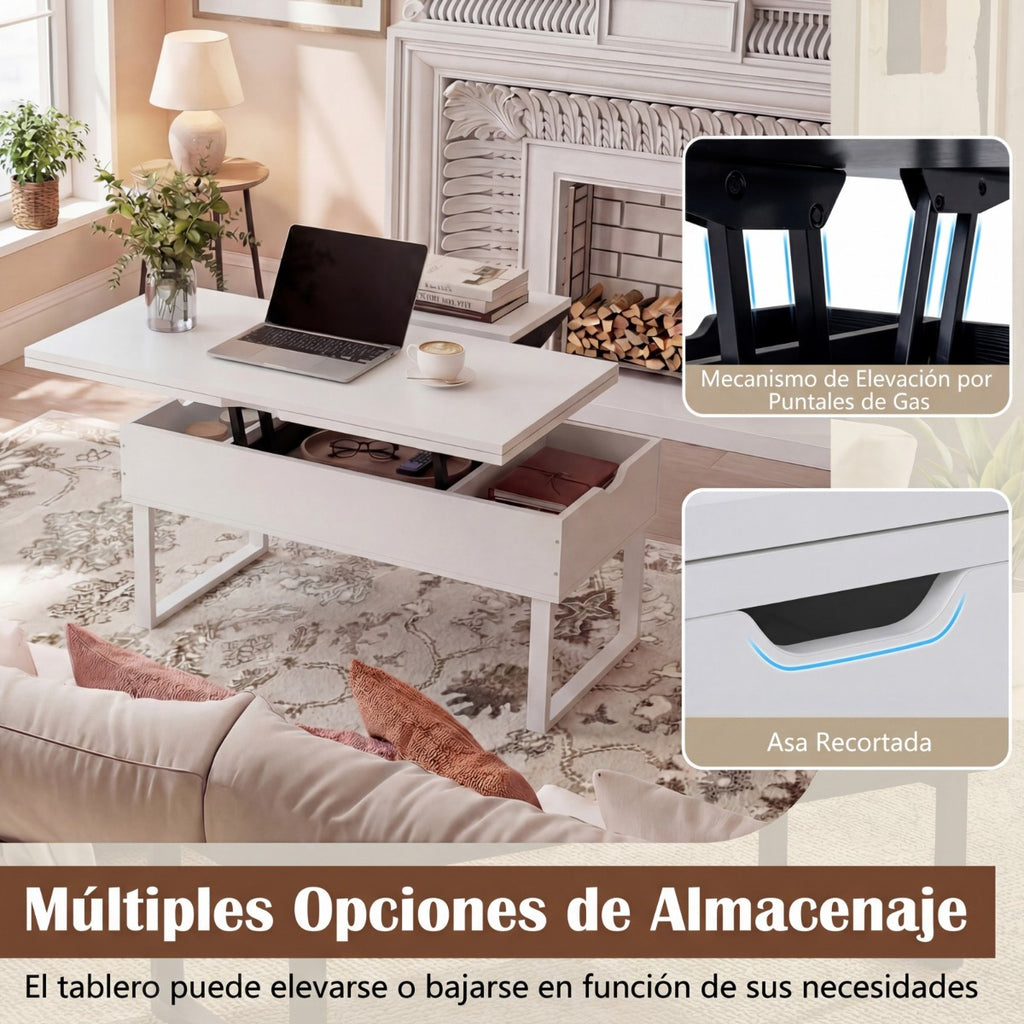 Mesa de Centro Conversível 3 em 1 com Tampo Elevável e 3 Compartimentos Ocultos Branca — foto 8