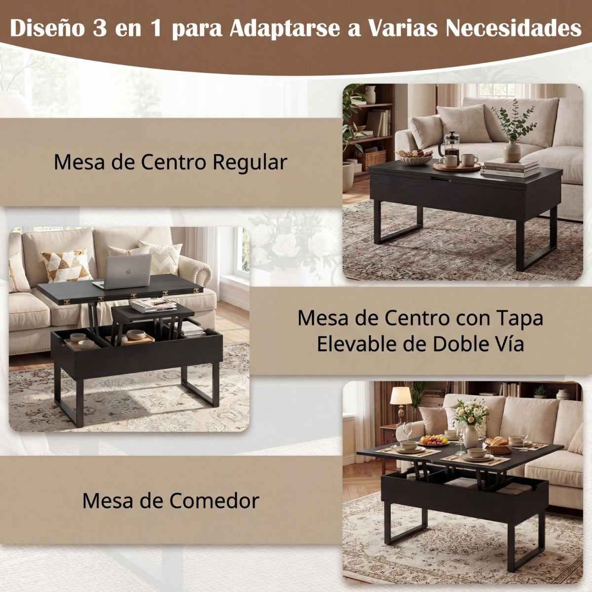 Mesa de Centro Convertible 3 em 1 com Tampo Elevatório e 3 Compartimentos Ocultos em MDF e Metal Preto — foto 10