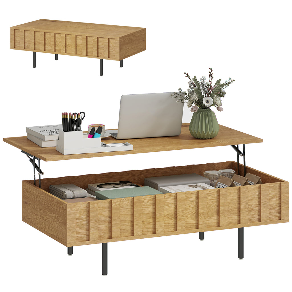 Mesa de Centro Elevatória com 2 Compartimentos Ocultos e Pés Metálicos 110x55x36,5 cm Carvalho — foto 1