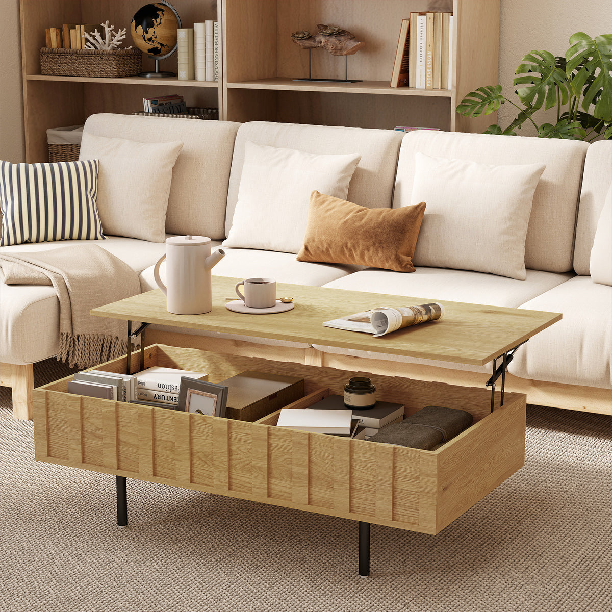 Mesa de Centro Elevatória com 2 Compartimentos Ocultos e Pés Metálicos 110x55x36,5 cm Carvalho — foto 2