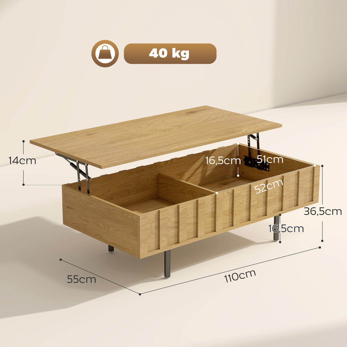 Mesa de Centro Elevatória com 2 Compartimentos Ocultos e Pés Metálicos 110x55x36,5 cm Carvalho — foto 3