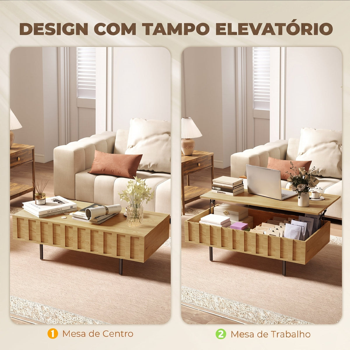Mesa de Centro Elevatória com 2 Compartimentos Ocultos e Pés Metálicos 110x55x36,5 cm Carvalho — foto 4