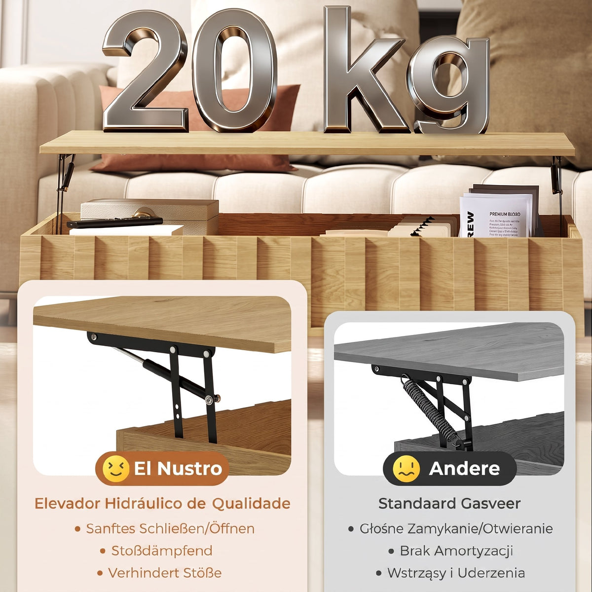 Mesa de Centro Elevatória com 2 Compartimentos Ocultos e Pés Metálicos 110x55x36,5 cm Carvalho — foto 6