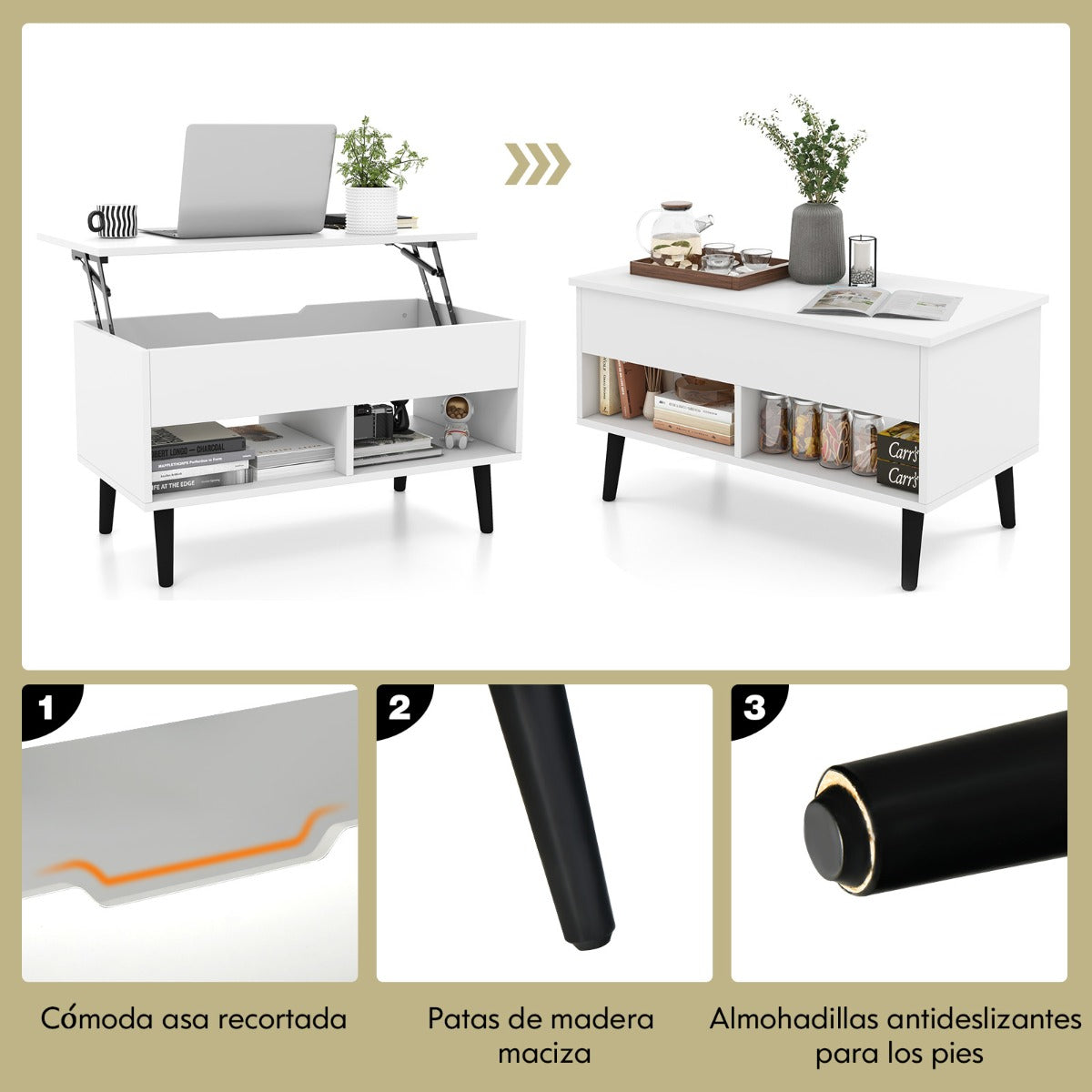 Mesa de Centro Elevatória com Compartimento Oculto e 2 Prateleiras Abertas para Sala – Branco — foto 5