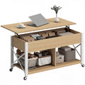 Mesa de Centro Elevatória com Rodas Mesa de Sala com Compartimento Oculto Prateleiras Abertas Mesa de Café para Sala de Jantar Escritório 105x50x67 cm Madeira e Branco — foto 1